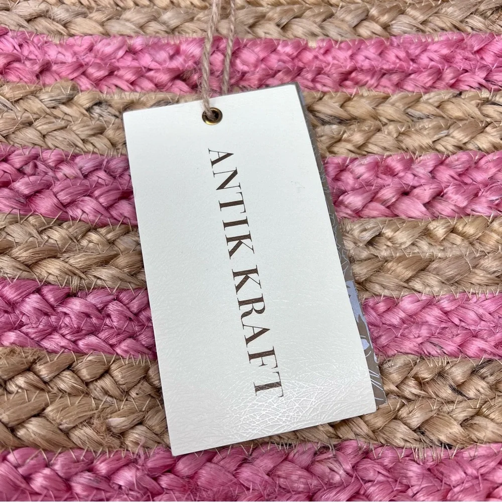 NWT Antik Kraft Natural and Pink Striped Jute Tote with Wooden Handles - Picture 6 of 10